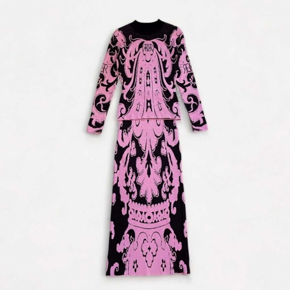 Charles & Ron Tapestry Print Sweater Dress Two Piece Skirt Set Pink Black EU 36
